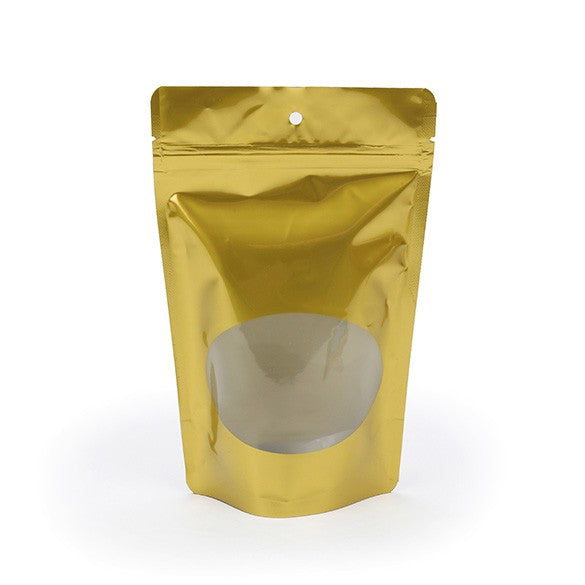 Buste doypack color oro con finestra ovale 13x7x20.5cm | 113 grammi (100 pezzi) [ZBGO3G]