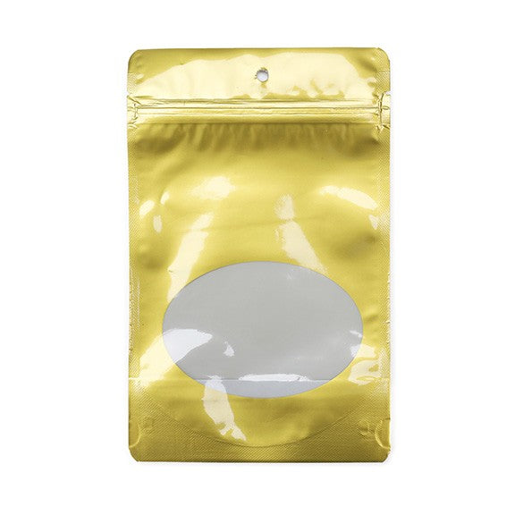 Buste doypack color oro con finestra ovale 13x7x20.5cm | 113 grammi (100 pezzi) [ZBGO3G]