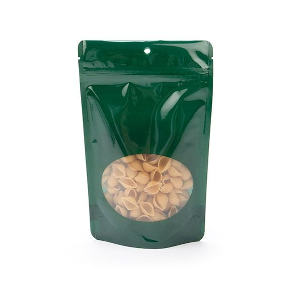 Standbodenbeutel Grün 13x8x20.5cm | 110 Gramm mit rundem Fenster & Aufhängeloch (100 Stück) [ZBGO3HGH]