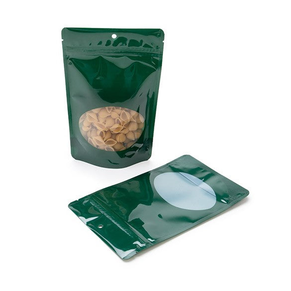 Buste doypack verdi con finestra ovale 13x7x20.5cm | 113 grammi (100 pezzi) [ZBGO3HG]