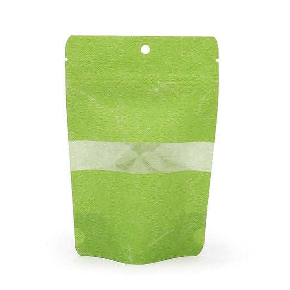 Doypack papier de riz Vert avec fenêtre 10x6x15cm | 57g Trou Suspension Rond (100 pièces) [ZBGR2GRH]