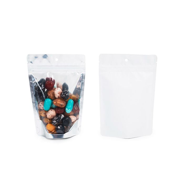 Standbodenbeutel Transparent/Weiß 12x7.5x18.5cm | 110 Gramm mit Aufhängeloch (100 Stück) [ZBGW46H]