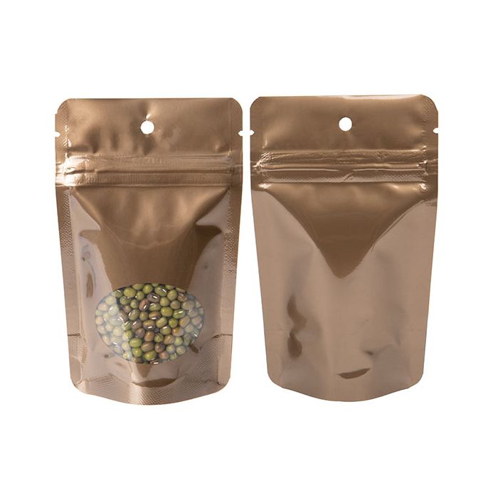 Buste doypack color bronzo con finestra ovale 8 x 5 x 13 cm + foro (100 Pezzi) [ZBGO1BZH]