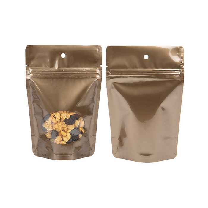 Buste doypack color bronzo con finestra ovale 10x6x15cm con foro (100 pezzi) [ZBGO2BZH]