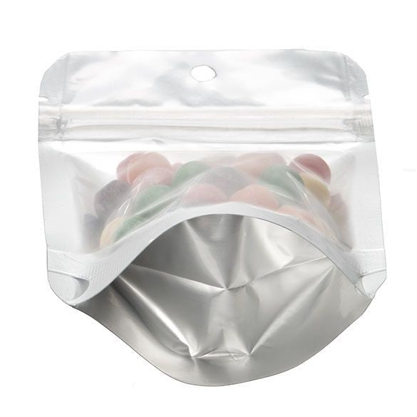 Standbodenbeutel Transparent/Silber 8x5x13cm | 28 Gramm mit Aufhängeloch (100 Stück) [ZBGS1H]