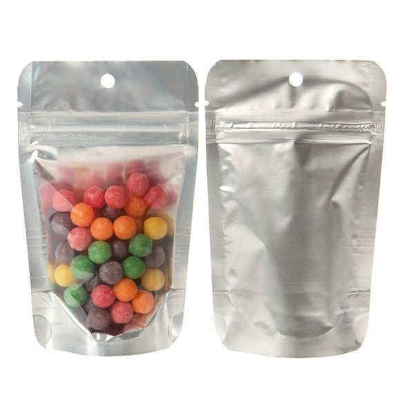 Standbodenbeutel Transparent/Silber 8x5x13cm | 28 Gramm mit Aufhängeloch (100 Stück) [ZBGS1H]