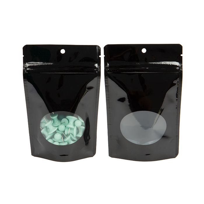 Doypack Noir avec fenêtre ovale 10,2x6x15,2cm | 57g Trou de suspension (100 pièces) [ZBGO2BH]