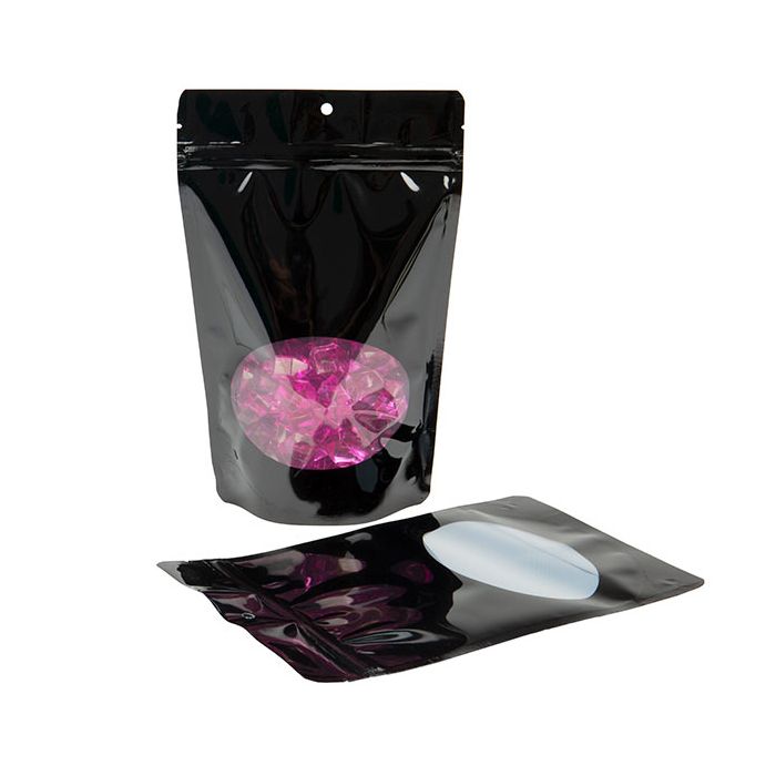 Doypack Noires avec fenêtre ovale 14,9x8,9x23,2cm Trou de suspension (100 pièces) [ZBGO7BH]