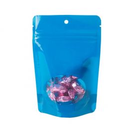 Pochettes doypack bleues avec fenêtre ovale 10,2 x 6 x 15,2 cm avec trou de suspension (100 pièces) [ZBGO2BLH]