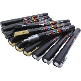 Feutre Posca, noir, or, argent, dim. PC-3M, trait 0,9-1,3 mm, 12 ass./ 1 Pq. [HOB-384115]