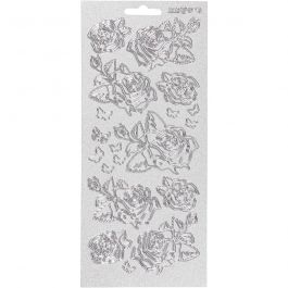 Autocollants, roses, feuille 10x23 cm, argent, 1 flles [HOB-170162]