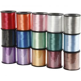 Kräuselband - Sortiment , B 10 mm, Glänzend, Sortierte Farben, 15x50 m/ 1 Pck [HOB-20231]