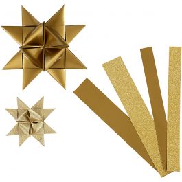 Bandes de papier étoiles, L : 44+78 cm, L : 15+25 mm, d 6,5+11,5 cm, paillettes,vernis, or, 40 bandes/ 1 Pq. [HOB-20776]