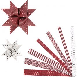 Bandes de papier étoiles, L : 44+78 cm, d 6,5+11,5 cm, L : 15+25 mm, rouge, blanc, 60 bandes/ 1 Pq. [HOB-22248]
