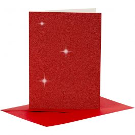 Cartes et enveloppes, dimension carte 10,5x15 cm, dimension enveloppes 11,5x16,5 cm, paillettes, 110+250 gr, rouge, 4 set/ 1 Pq. [HOB-23025]