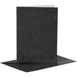 Cartes et enveloppes, dimension carte 10,5x15 cm, dimension enveloppes 11,5x16,5 cm, paillettes, 110+250 gr, noir, 4 set/ 1 Pq. [HOB-23027]