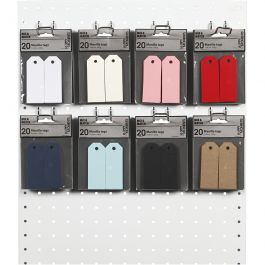 Étiquettes en carton, dim. 3x8 cm, 220 gr, ass. de couleurs, 8x10 Pq./ 1 Pq. [HOB-234023]
