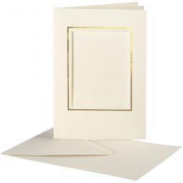 Cartes cadres et enveloppes, rectangulaire avec bord doré, dimension carte 10,5x15 cm, dimension enveloppes 11,5x16,5 cm, blanc cassé, 10 set/ 1 Pq. [HOB-23726]