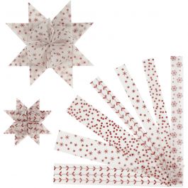 Bandes de papier étoiles, L : 44+78 cm, d 6,5+11,5 cm, L : 15+25 mm, rouge, blanc, 48 bandes/ 1 Pq. [HOB-24351]