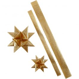 Bandes de papier étoiles, L : 86+100 cm, L : 25+40 mm, d 11,5+18,5 cm, glitter or, 16 bandes/ 1 Pq. [HOB-24356]