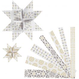 Bandes de papier étoiles, L : 44+78 cm, d 6,5+11,5 cm, L : 15+25 mm, or, blanc, 48 bandes/ 1 Pq. [HOB-24357]
