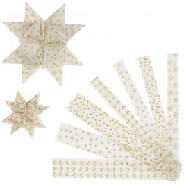 Bandes de papier étoiles, L : 44+78 cm, L : 15+25 mm, d 6,5+11,5 cm, or, blanc, 48 bandes/ 1 Pq. [HOB-24358]