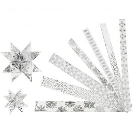 Bandes de papier étoiles, L : 44+78 cm, d 6,5+11,5 cm, L : 15+25 mm, argent, blanc, 48 bandes/ 1 Pq. [HOB-24360]