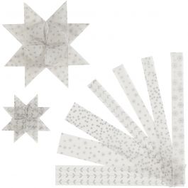 Bandes de papier étoiles, L : 44+78 cm, d 6,5+11,5 cm, L : 15+25 mm, argent, blanc, 48 bandes/ 1 Pq. [HOB-24363]