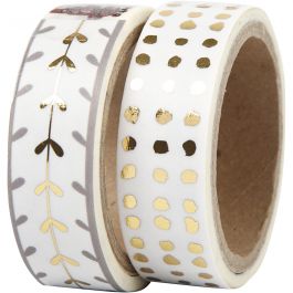 Ruban adhésif Washi Tape, coeurs et points - film, L : 15 mm, or, blanc, 2x4 m/ 1 Pq. [HOB-24767]