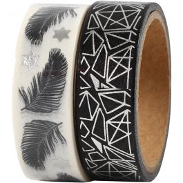 Ruban adhésif Washi Tape, plumes et motifs - film, L : 15 mm, 2x4 m/ 1 Pq. [HOB-24772]