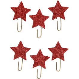 Trombonnes métalliques, Étoile, d 30 mm, glitter rouge, 6 pièces/ 1 Pq. [HOB-24779]