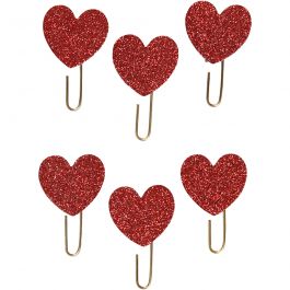 Trombonnes métalliques, Coeur, d 30 mm, glitter rouge, 6 pièces/ 1 Pq. [HOB-24780]