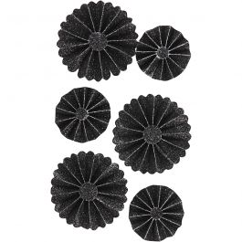 Papier-Rosetten, D 35+50 mm, Schwarz mit Glitter, 6 Stk/ 1 Pck [HOB-24787]