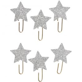 Trombonnes métalliques, Étoile, d 30 mm, argent scintillant, 6 pièces/ 1 Pq. [HOB-24790]