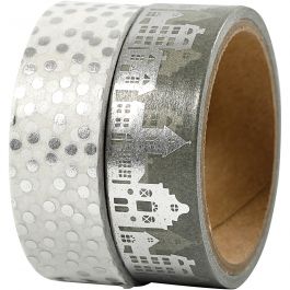 Ruban adhésif Washi Tape, maisons et points - film, L : 15 mm, argent, 2x4 m/ 1 Pq. [HOB-24798]
