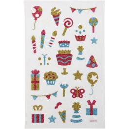 Autocollants à paillettes, anniversaire, feuille 10x16 cm, 1 flles [HOB-280016]