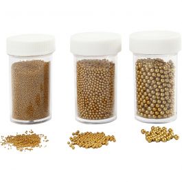 Mini Perles de Verre, dim. 0,6-0,8+1,5-2+3 mm, or, 3x45 gr/ 1 Pq. [HOB-28387]