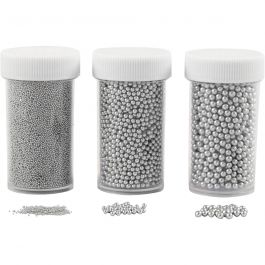 Mini Perles de Verre, dim. 0,6-0,8+1,5-2+3 mm, argent, 3x45 gr/ 1 Pq. [HOB-28388]