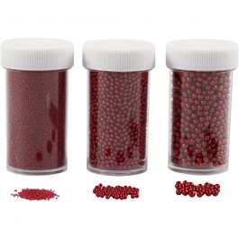 Mini Perles de Verre, dim. 0,6-0,8+1,5-2+3 mm, rouge, 3x45 gr/ 1 Pq. [HOB-28389]