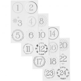 Chiffres autocollant de calendrier de l'Avent, d 40 mm, feuille 9x14 cm, argent, blanc, 4 flles/ 1 Pq. [HOB-28458]