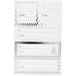Autocollants, feuille 9x14 cm, dim. 42x39+84x29 mm, argent, blanc, 4 flles/ 1 Pq. [HOB-28499]