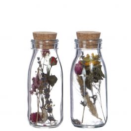 Bouteille de lait en verre avec 2 fleurs séchées différentes Ø6cm (12 pièces.) [IFS-29391]