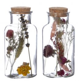 Flacon en verre en verre avec 2 fleurs séchées différentes Ø8cm (12 pièces.) [IFS-29395]