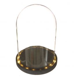 Cloche à LED en verre Ø17cm avec base en bois noir (1 pièce.) [IFS-29595]