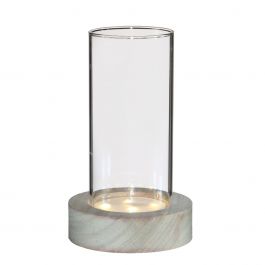 Pot en verre rond avec LED dans une base en bois 17cm de haut (1 pièce.) [IFS-30183]