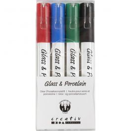 Feutre pour verre et porcelaine, trait 1-2 mm, semi opaque, noir, bleu, vert, rouge, 4 pièces/ 1 Pq. [HOB-31336]