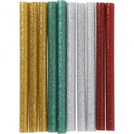 Bâtons de colle Mini, L : 10 cm, d 7 mm, paillettes, or, vert, rouge, argent, 10 pièces/ 1 Pq. [HOB-39137]