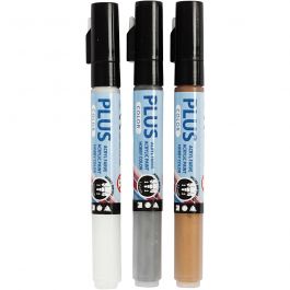 Feutres Plus Color, L : 14,5 cm, trait 1-2 mm, or, argent, blanc cassé, 5,5 ml, 3 pièces/ 1 Pq. [HOB-39892]