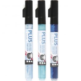 Feutres Plus Color, L : 14,5 cm, trait 1-2 mm, bleu ciel, bleu marine, turquoise, 5,5 ml, 3 pièces/ 1 Pq. [HOB-39896]
