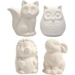 Tirelires en forme d'animaux, hibou, renard, hérisson, lièvre, H : 9-10 cm, blanc, 4 pièces/ 1 Pq. [HOB-50569]